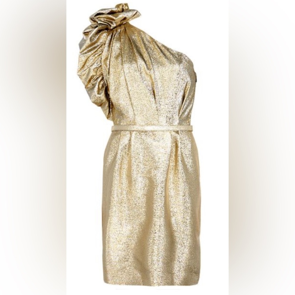 Dress Mini Lamé Ruffled trim Detachable belt zip fastening at side Non-stretchy